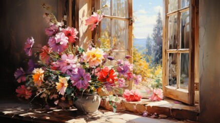 Fototapeta na wymiar WATERCOLOR PAINTING. A BOUQUET OF COLORFUL FLOWERS IN FRONT OF A SUNNY WINDOW.