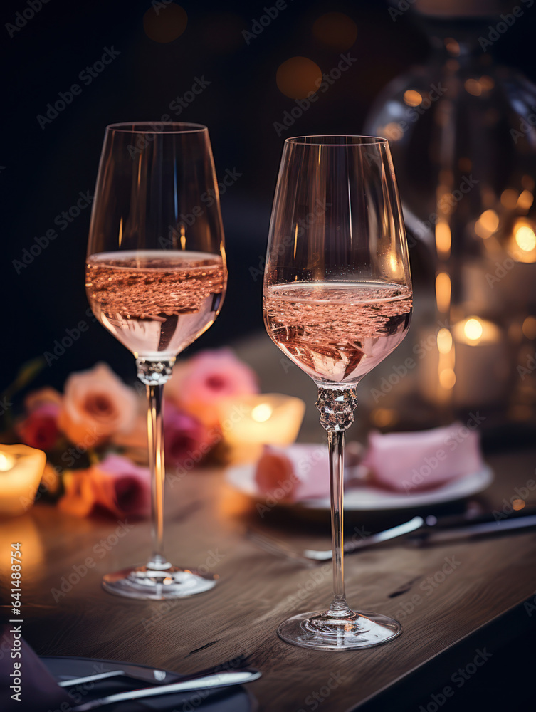 Wall mural Two champagne glasses for romantic celebration at high fashion dining