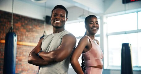 Gym, team and black people happy for exercise support, training partner or personal trainer workout in boxing club. Portrait, teamwork motivation and strong athlete commitment to fitness development