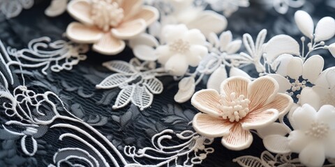 Obraz na płótnie Canvas a close up of flowers on a black and white fabric
