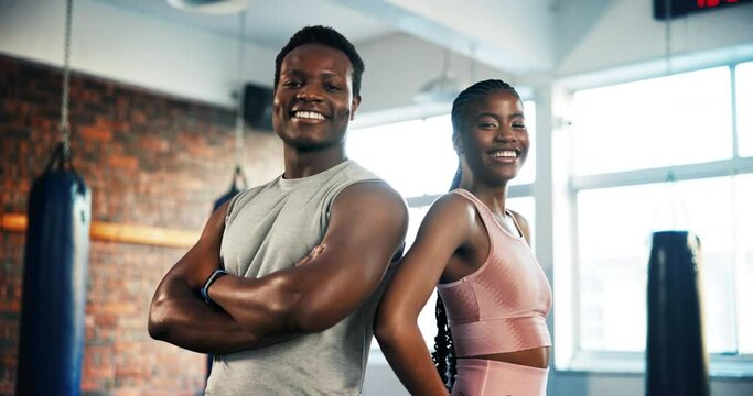 Gym, team and black people happy for exercise support, training partner or personal trainer workout in boxing club. Portrait, teamwork motivation and strong athlete commitment to fitness development