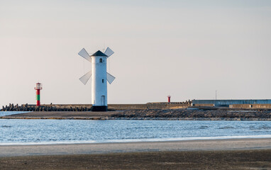 Panoramic image of an old lighthouse in Swinoujscie, a port in Poland on the Baltic Sea.