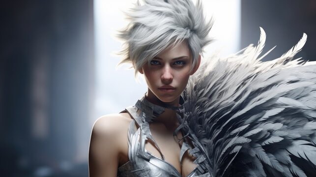 a woman with white hair and silver wings
