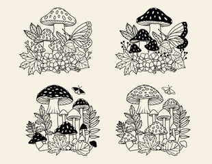 Vector Mushroom Bouquet, Hand drawn line art