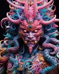 a statue of a creature with colorful hair