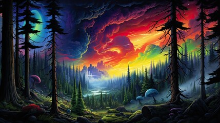 Colorful fantasy landscape with mountains and trees, rainbows, cloudy sky, surreal, illustration