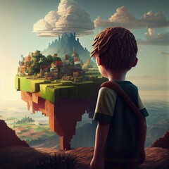Adventurous Kid Explores the Vast and Colorful World of Minecraft, Fueled by Imagination and Creativity - obrazy, fototapety, plakaty
