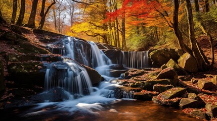 waterfall in autumn forest, A picturesque waterfall cascades amidst autumn-colored trees, sunlight filtering through the foliage.