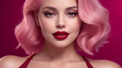 Fototapeta premium Portrait of a Stunning Fashion Model with Pink Hair Colour, Red Lipstick, Matte Makeup. Fashion Editorial Concept