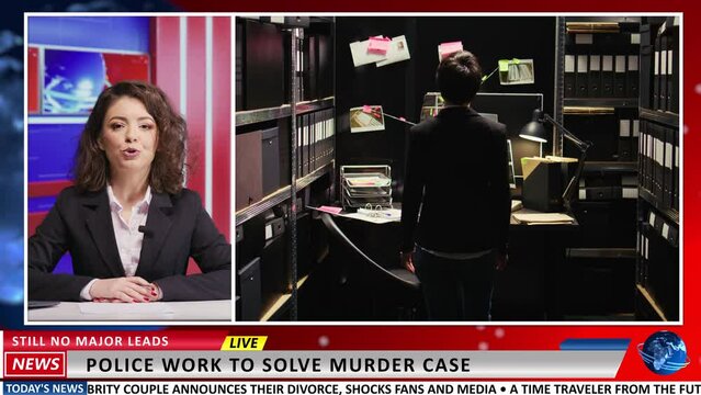 Breaking news in solving police murder case police, journalist covers details about criminal investigations conducted by detectives. Woman newscaster ensuring safety of population.