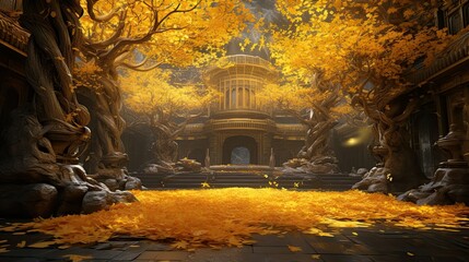 Ancient golden temple outdoor with rock walls, surrounded by golden leaves and trees, video game concept art