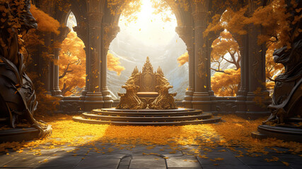 Outdoor throne room surrounded by golden leaves and trees, video game concept art