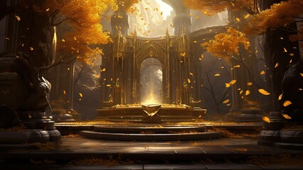 Overgrown outdoor temple entrance surrounded by golden leaves and trees and stone walls, video game concept art