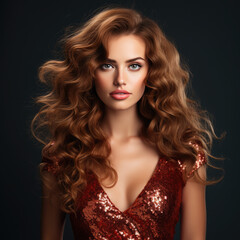 Fototapeta premium Generative AI, beautiful European curly brunette girl in a red shiny evening dress on a dark background, happy new year, christmas, celebration, party, elegant woman, amazing lady