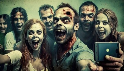 Zombie Selfie Mania: Grinning Undead Strike a Pose in the Apocalypse - obrazy, fototapety, plakaty