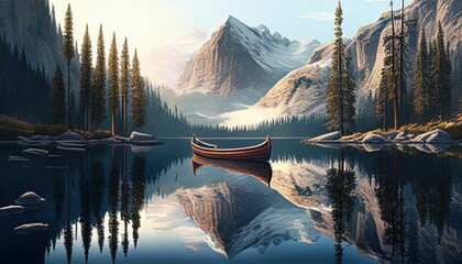 Tranquil Reflections: A Serene Mountain Lake Scene - obrazy, fototapety, plakaty