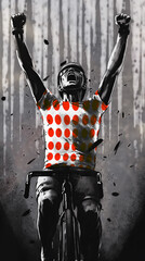 A cyclist raising his hands in victory. He wears a red polka dot jersey, the climber's jersey of the Tour de France. .
Elements of this image were created using AI generative technology.