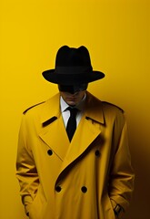 A minimalist pop art portrayal of a detective in a classic noir setting, using a magnifying glass...