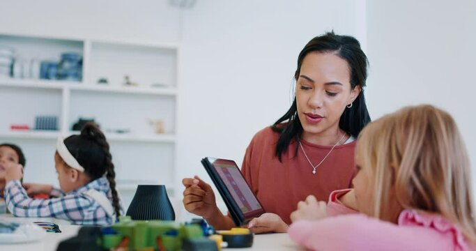 Teacher, tablet and girl kid with robotics, learning or advice for support, growth or knowledge at desk. Children, study and woman for online education, student app and electronics with mentorship