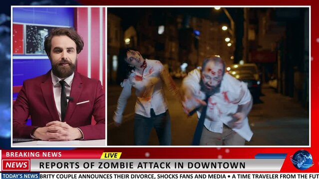 Newscaster talks about zombie apocalypse on live television, presenting footage of attack and virus spreading amongst population. Man news anchor discusses about global danger.