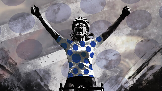 A female cyclist raising her hands in victory. She wears a blue polka dot jersey, the climber's jersey of the Vuelta a España.
Elements of this image were created using AI generative technology.