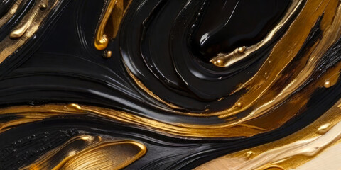 Closeup of abstract rough black and gold color multi colored art painting texture with oil brushstroke. Generative AI