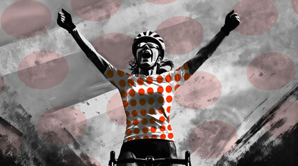 A female cyclist raising her hands in victory. She wears a red polka dot jersey, the climber's jersey of the Tour de France. .
Elements of this image were created using AI generative technology.