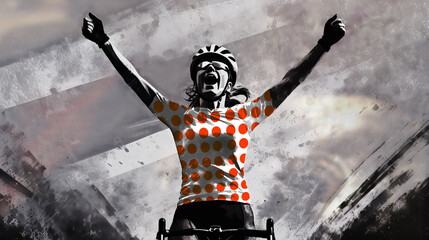 A female cyclist raising her hands in victory. She wears a red polka dot jersey, the climber's jersey of the Tour de France. .
Elements of this image were created using AI generative technology.