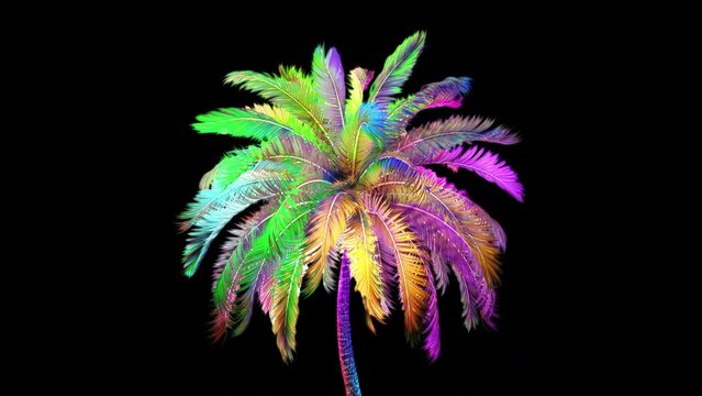 Isolated fluorescent colorful 3d palm tree rotating on transparent alpha channel background in a seamless loop. Perfect for summer scenes.