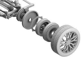 Isometric Exploded view of In-Wheel Motor. Clay rendering style. 3D rendering illustration.