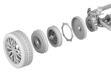 Isometric Exploded view of In-Wheel Motor. Clay rendering style. 3D rendering illustration.