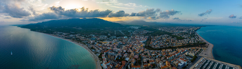 Aerial view of L'Hospitalet de l'Infant, a coastal suburb of Tarragona, inside the municipality of Vandellòs i l'Hospitalet de l'Infant, Catalonia, Spain