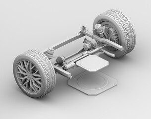 Isometric view of Electric Vehicle Chassis equipped with In-Wheel Motor, Wireless Charging on gray background. Clay rendering style. 3D rendering illustration.