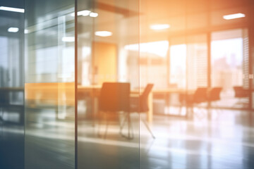 Fototapeta premium Picture of glass wall with table and chairs inside. This image can be used to showcase modern office spaces or interior design ideas.