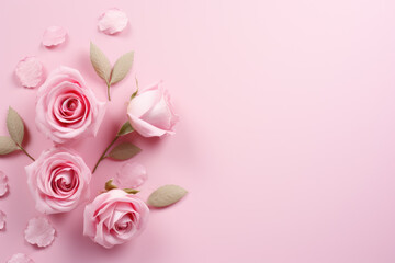 Beautiful arrangement of pink roses on soft pink background. This image can be used for various purposes, such as greeting cards, floral designs, or romantic themes.