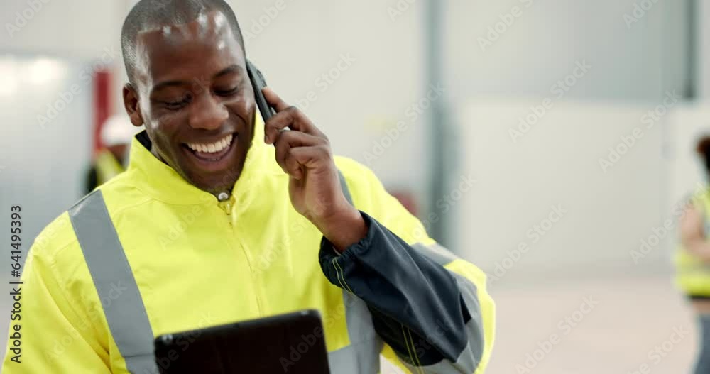 Poster conversation, architect and black man with a tablet, calling and construction worker with connection