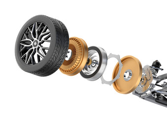 Isometric Exploded view of In-Wheel Motor isolated on white background. Generic design. 3D rendering illustration.