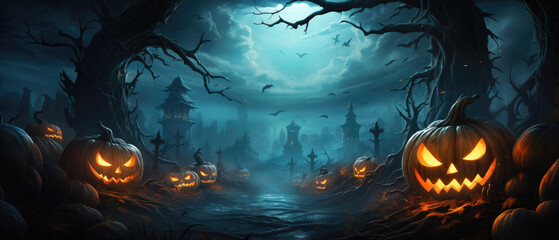 Halloween spooky background, scary jack o lantern pumpkins in creepy dark forest with bats, spooky trees and moon, Happy Haloween ghosts horror gothic mysterious night moonlight backdrop.