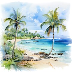 Tropical beach with palm trees. Vector watercolor illustration.