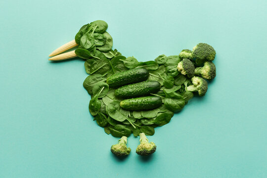 Conceptual photo of chicken made up of spinach leaves, baby cucumbers, corn and broccoli on blue background 