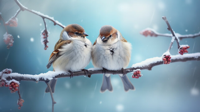 Two house sparrows sitting on a branch in the winter. It's cold, snowing and freezing.