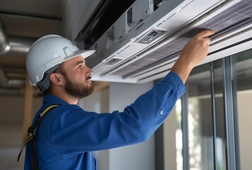 Portrait of a male technician repairing air conditioner in his office
