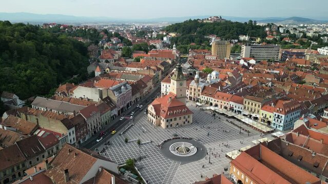 Aerial drone view of The Council Square in Brasov, Romania.