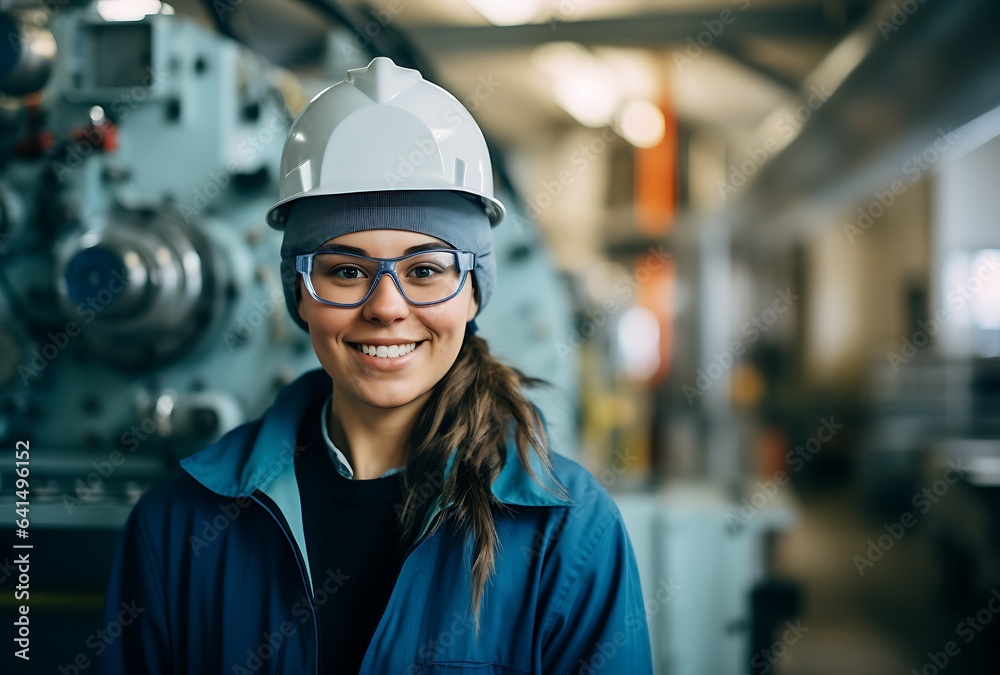 Wall mural portrait of young female worker in uniform and hardhat standing in factory