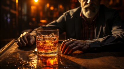 A man with a glass of whisky sitting on a table. Generative AI.