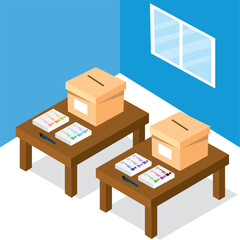 Pair of election carton boxes on tables Election day Vector
