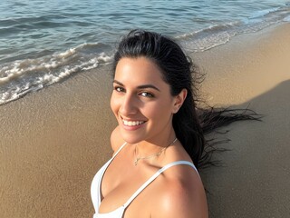 a beautiful young woman in a bikini on a beach, generative ai
