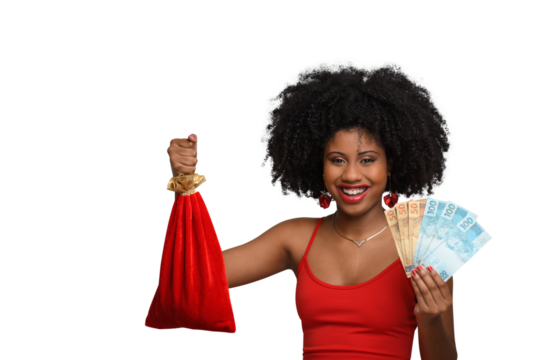 a woman holds shopping bags and Brazilian money, a teenage girl smiles and looks at the camera, in a red dress, a young black woman against a red background - Powered by Adobe