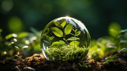 Glass sphere and green tree inside on nature background. Earth Day. environment protection.