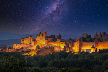 Ancient city of Carcassonne by night